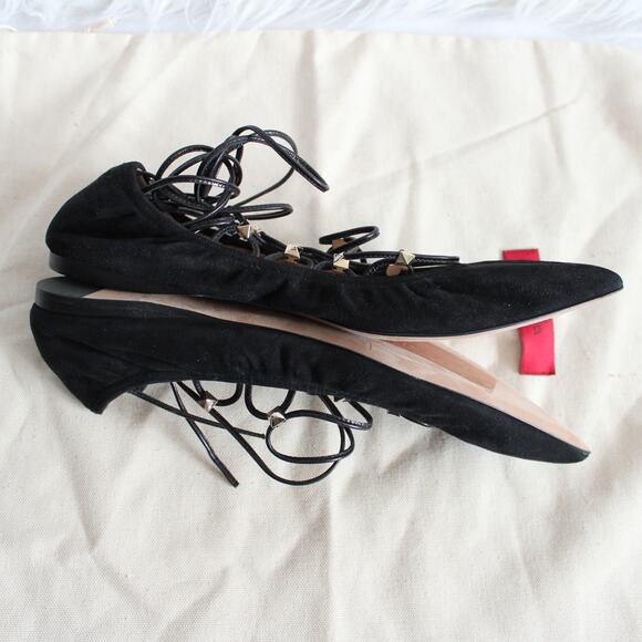 Valentino Black Suede Gold Rockstud Lace Up Ankle-Wrap Pointed Ballet Flat - Picture 5 of 10